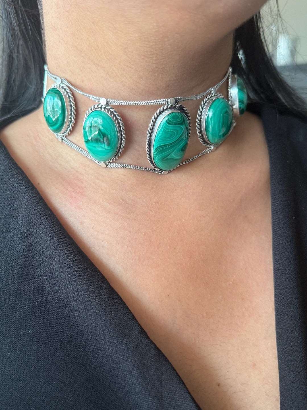 Statement Natural Malachite Gemstone Choker / One-of-a-kind Jewelry/ Indian Choker