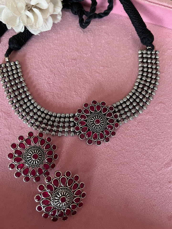 Handmade Brass Flower Choker Necklace with Oversized Studs