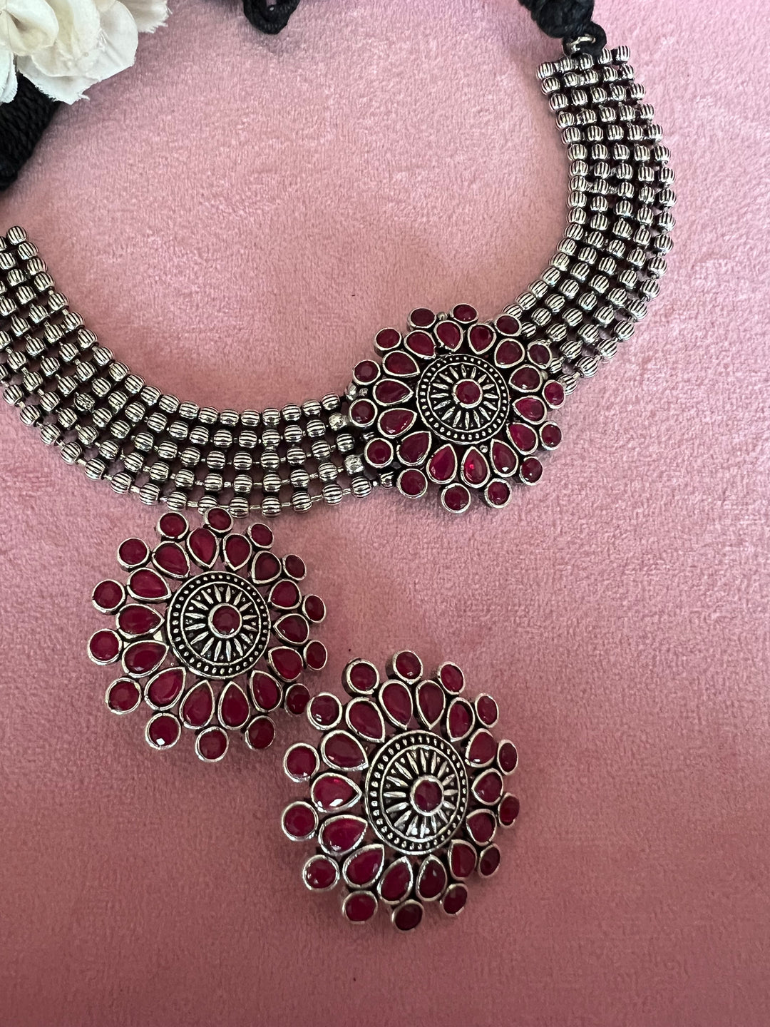 Handmade Brass Flower Choker Necklace with Oversized Studs