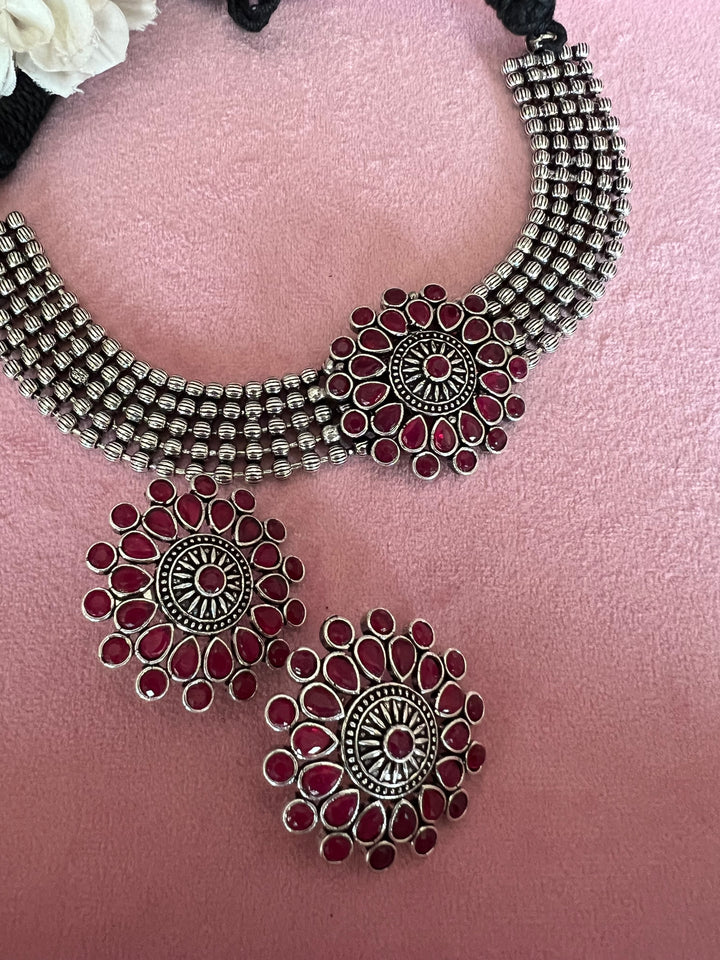 Handmade Brass Flower Choker Necklace with Oversized Studs