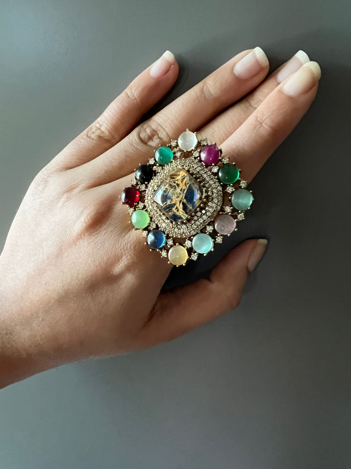 Exclusive Stone Navratan Ring – Premium Brass, 18g, Adjustable Antique Gold Finish