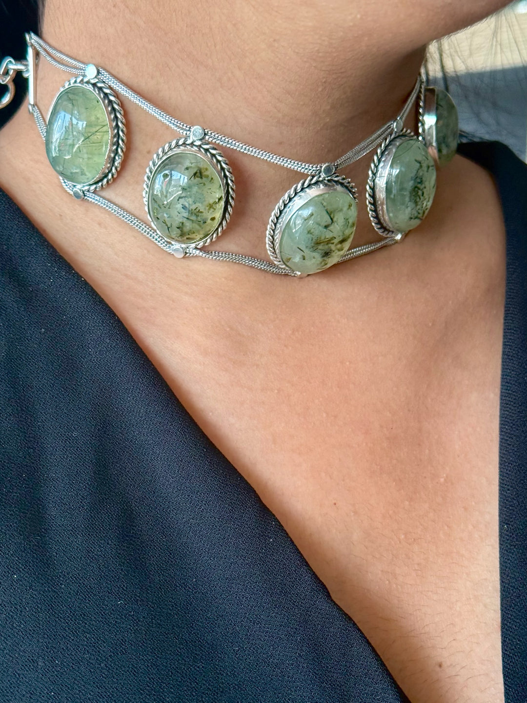 Statement Natural Prehnite Gemstone Choker / One-of-a-kind Jewelry/ Indian Choker