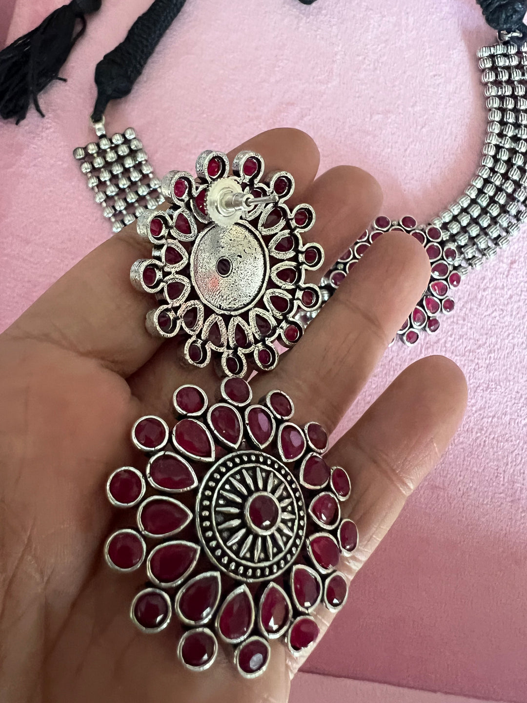 Handmade Brass Flower Choker Necklace with Oversized Studs