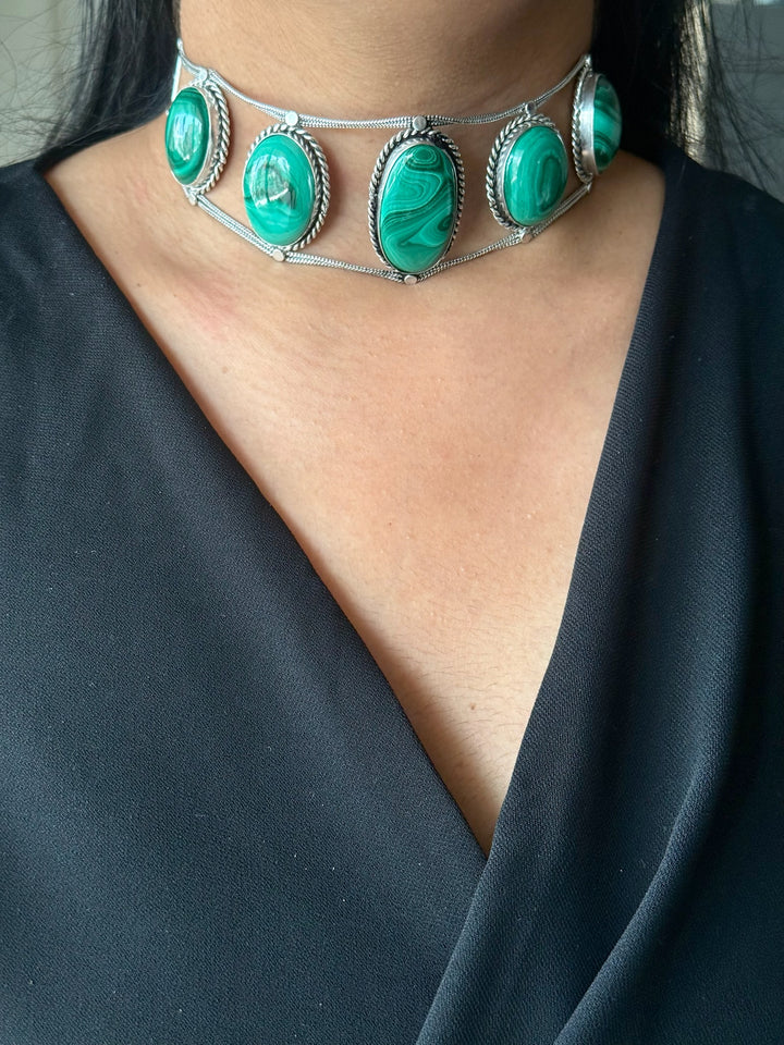 Statement Natural Malachite Gemstone Choker / One-of-a-kind Jewelry/ Indian Choker