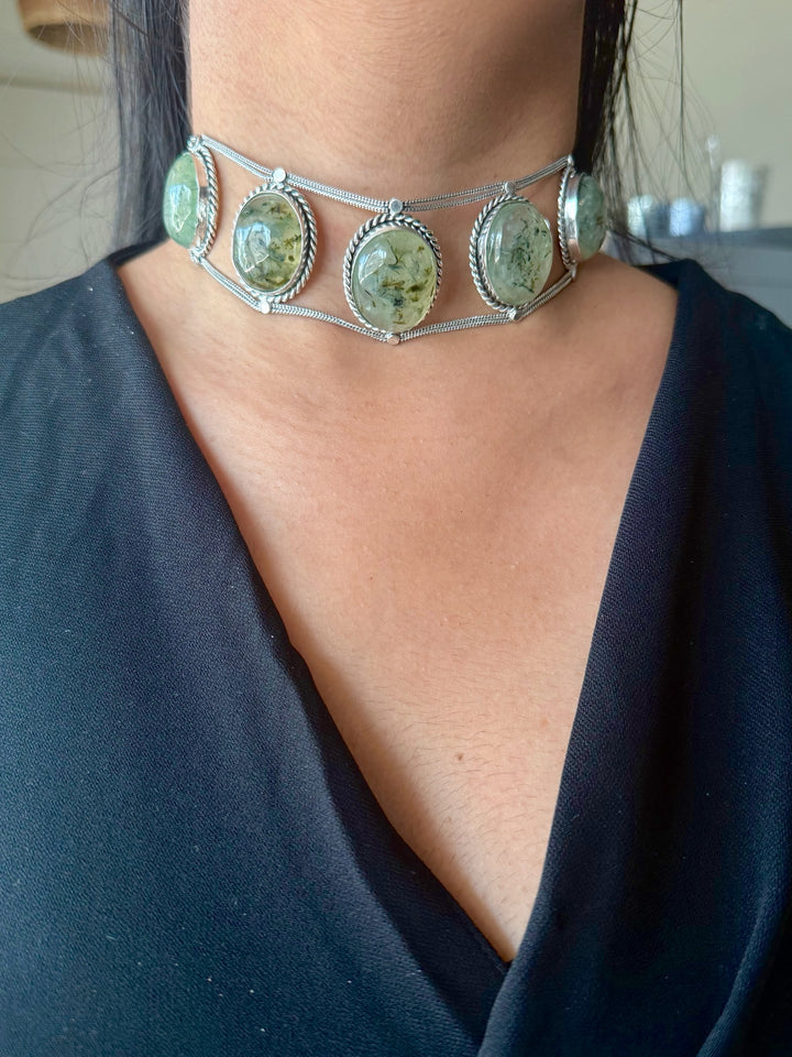 Statement Natural Prehnite Gemstone Choker / One-of-a-kind Jewelry/ Indian Choker