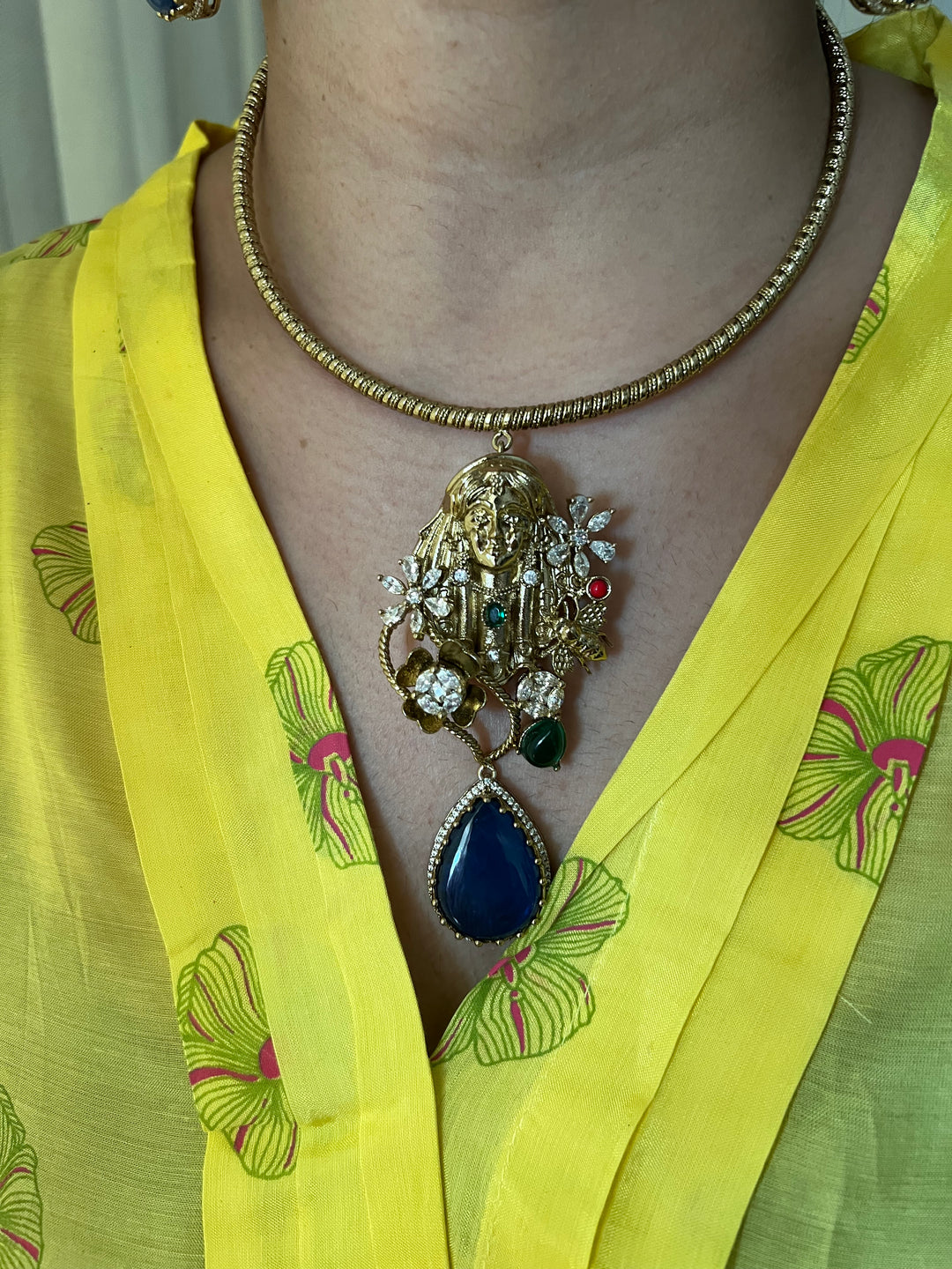 Designer Hasli Necklace Set with Navy Blue & Green Stones | Antique Gold Finish | SHIVKA