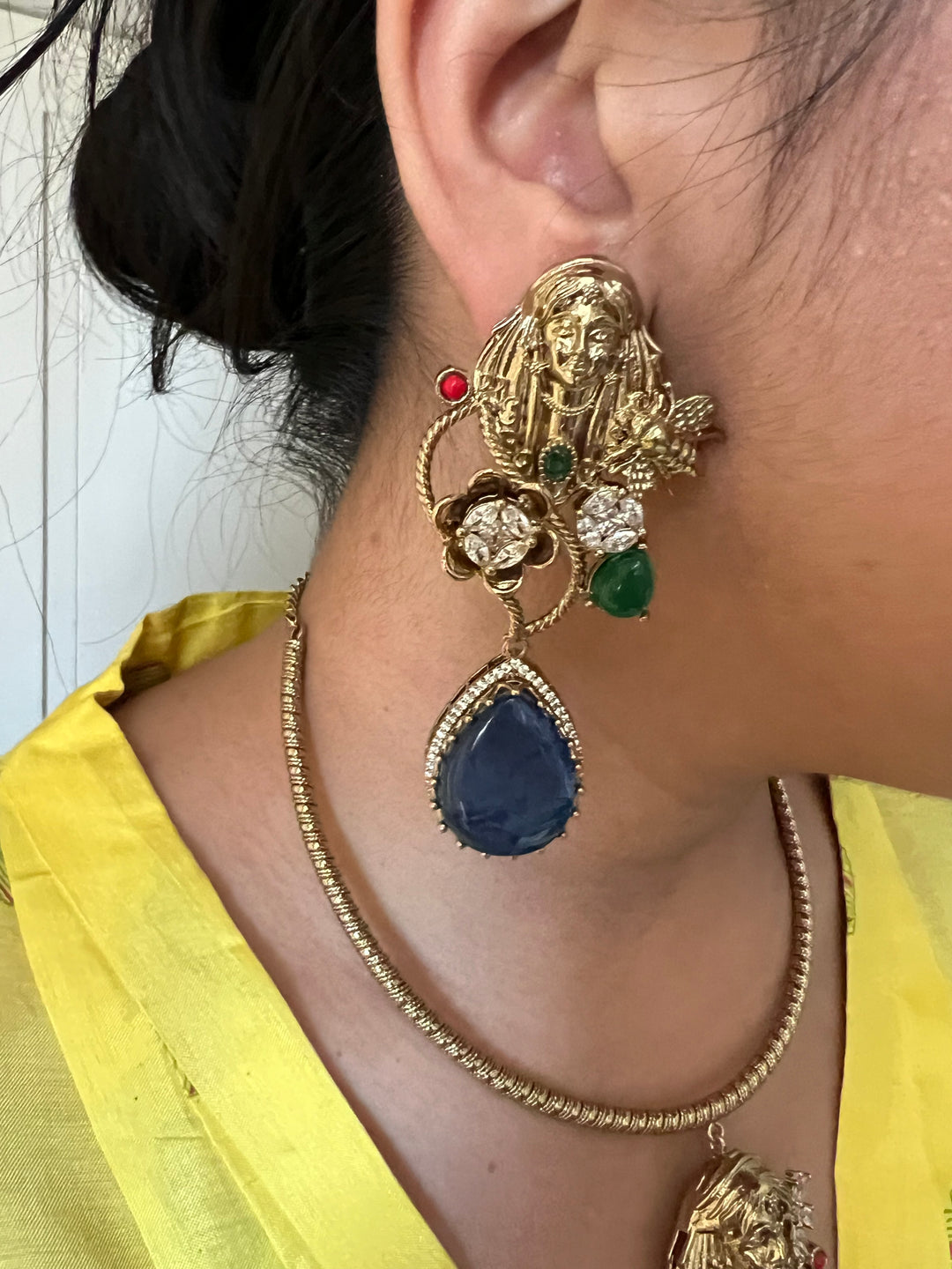 Designer Hasli Necklace Set with Navy Blue & Green Stones | Antique Gold Finish | SHIVKA