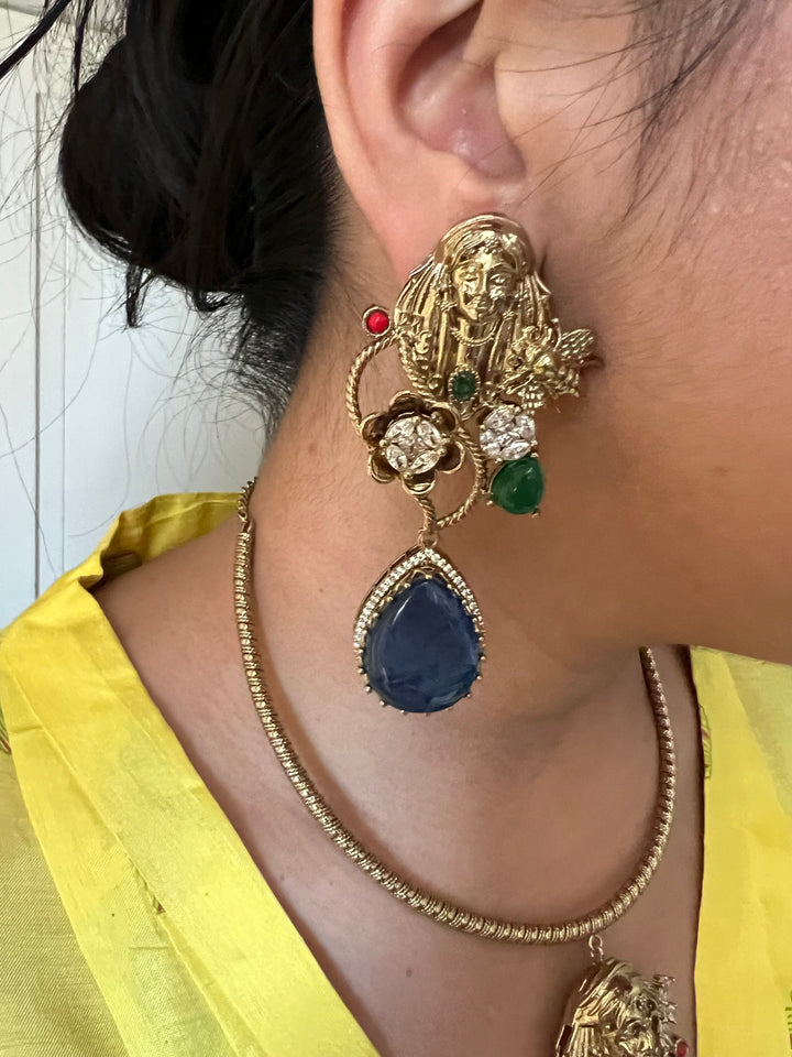 Designer Hasli Necklace Set with Navy Blue & Green Stones | Antique Gold Finish | SHIVKA