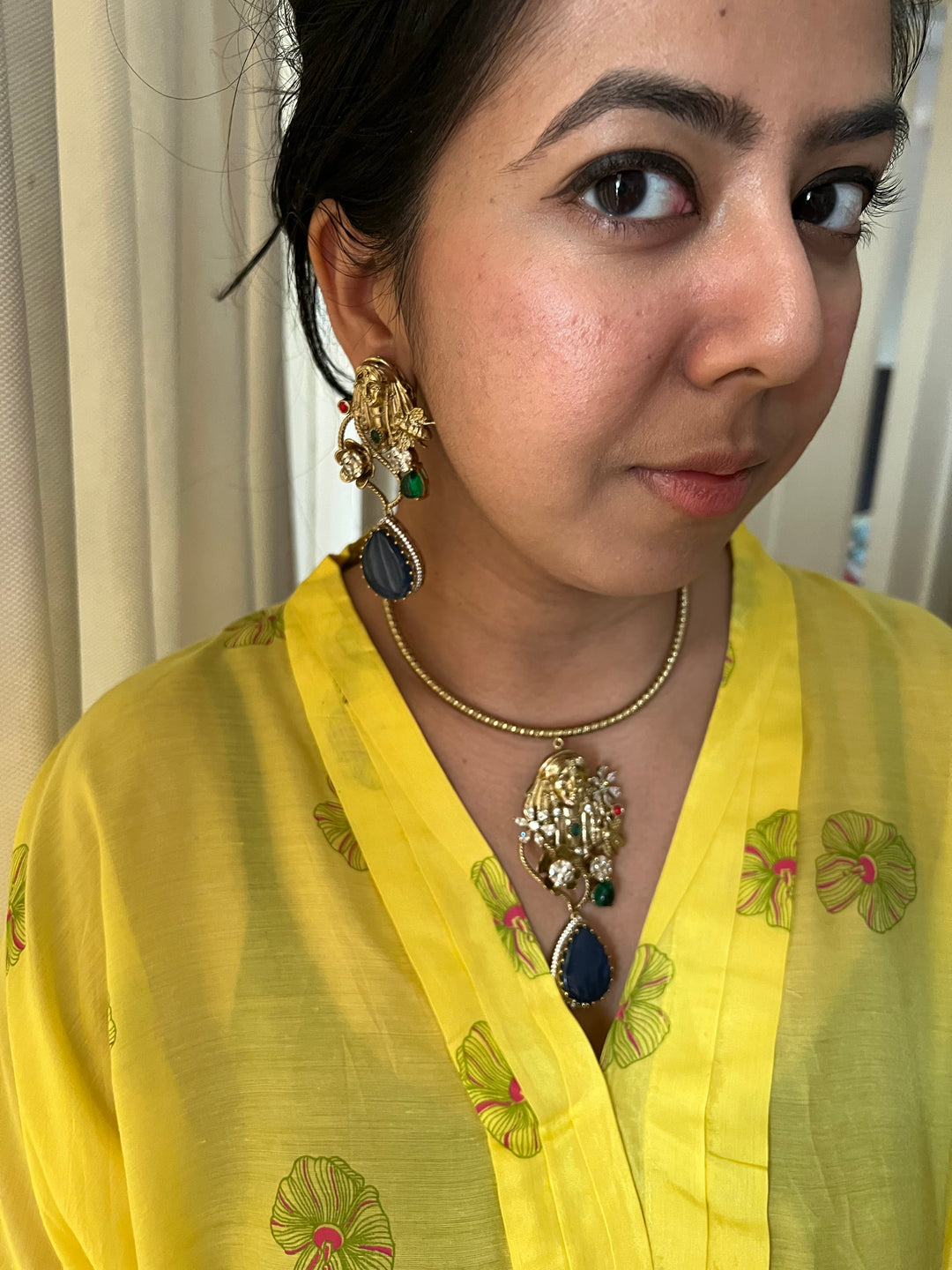 Designer Hasli Necklace Set with Navy Blue & Green Stones | Antique Gold Finish | SHIVKA