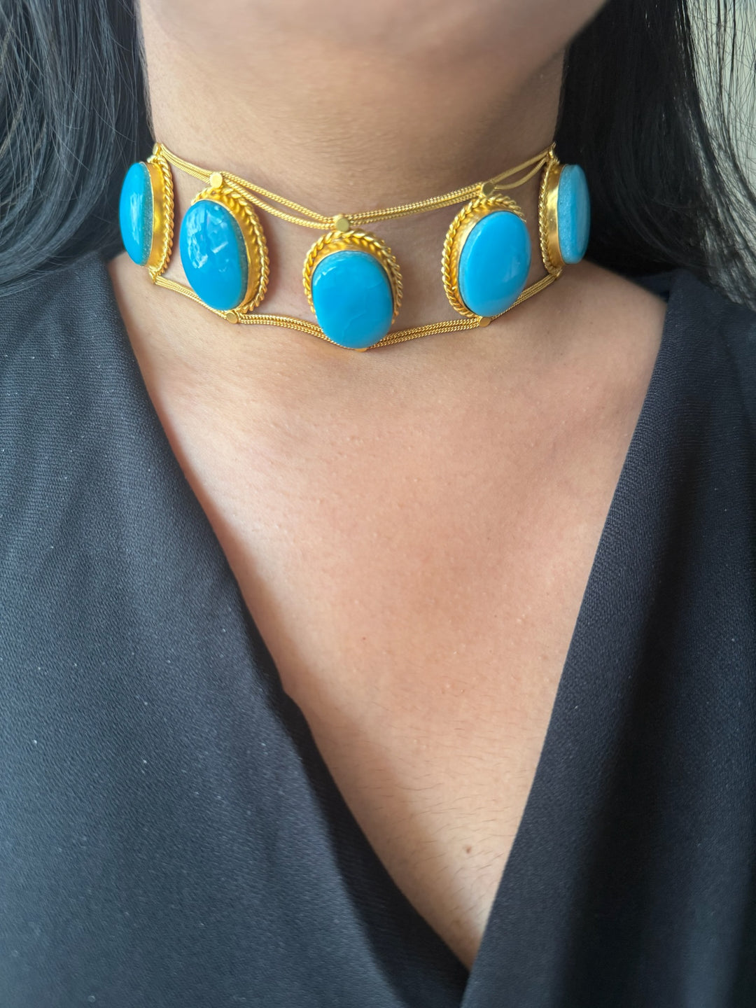 Statement Blue Turquoise Gemstone Choker / One-of-a-kind Jewelry/ Indian Choker