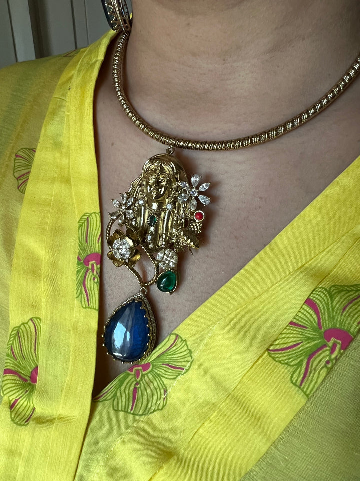 Designer Hasli Necklace Set with Navy Blue & Green Stones | Antique Gold Finish | SHIVKA