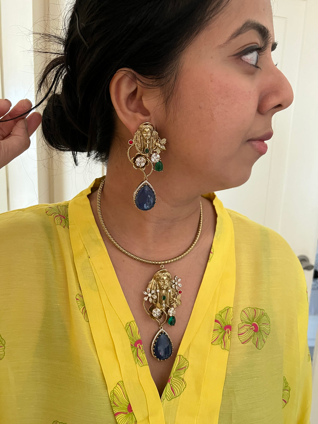 Designer Hasli Necklace Set with Navy Blue & Green Stones | Antique Gold Finish | SHIVKA