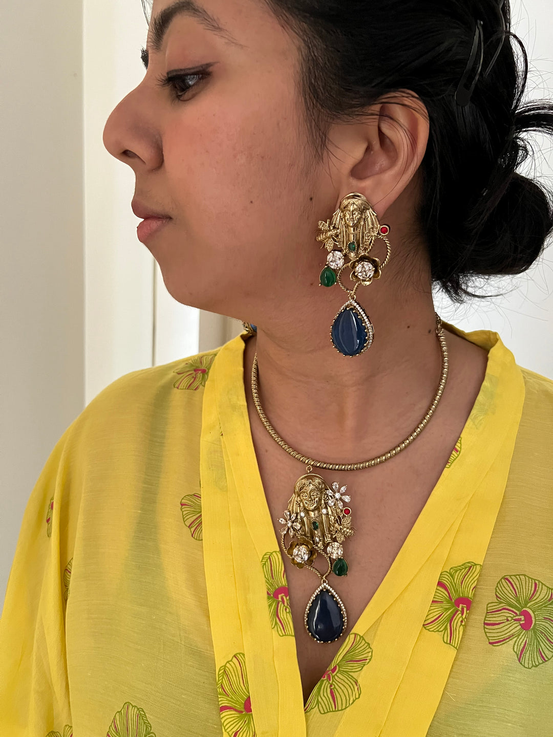 Designer Hasli Necklace Set with Navy Blue & Green Stones | Antique Gold Finish | SHIVKA