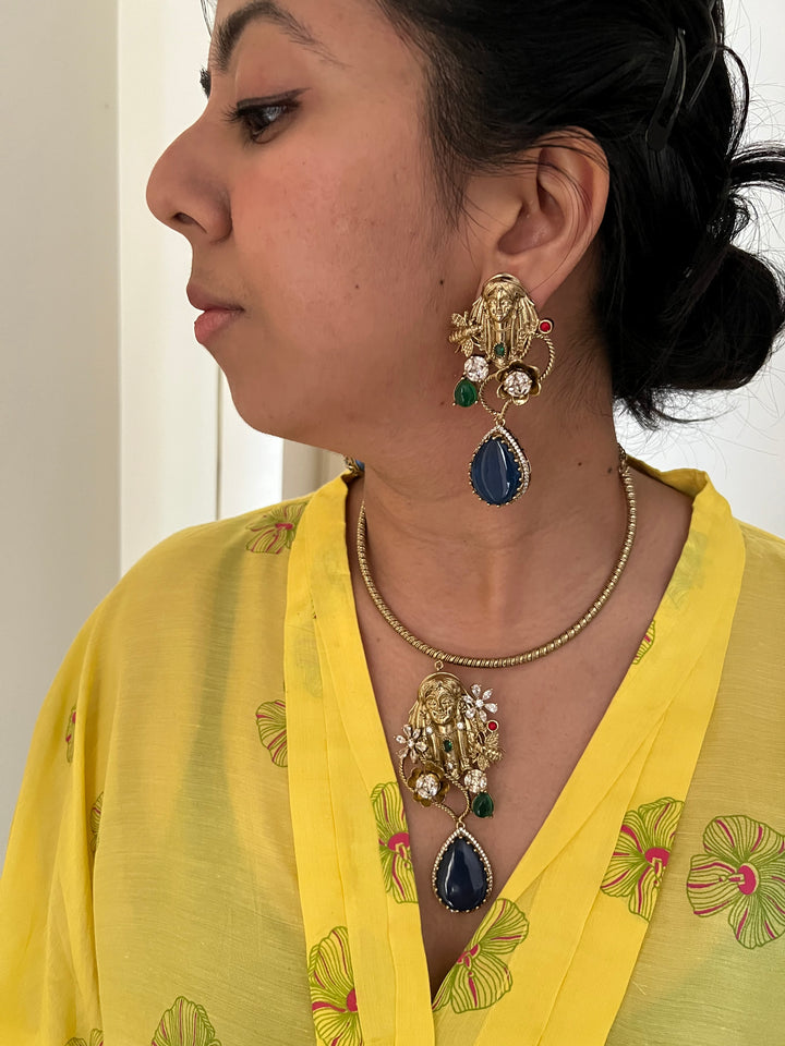 Designer Hasli Necklace Set with Navy Blue & Green Stones | Antique Gold Finish | SHIVKA