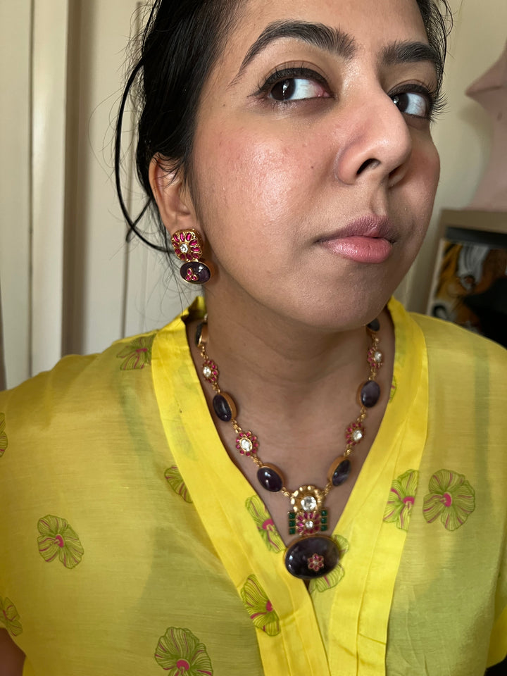 Stunning Designer Amethyst Kempu Necklace Set by SHIVKA – Perfect for Weddings and Festivals