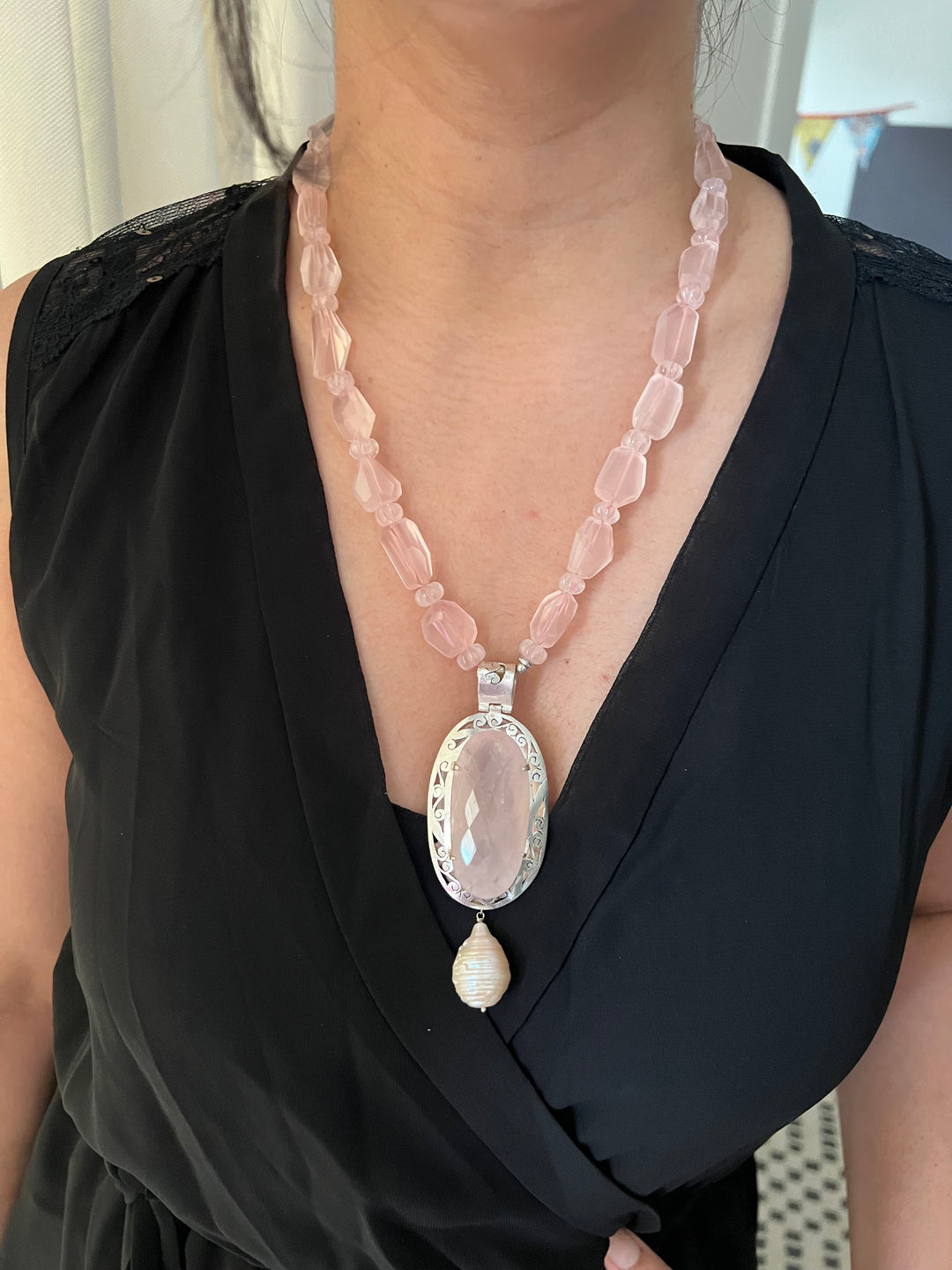 Natural Rose Quartz 925 Silver Necklace with Pearl Hanging | SHIVKA | Elegant Royal Party Jewelry