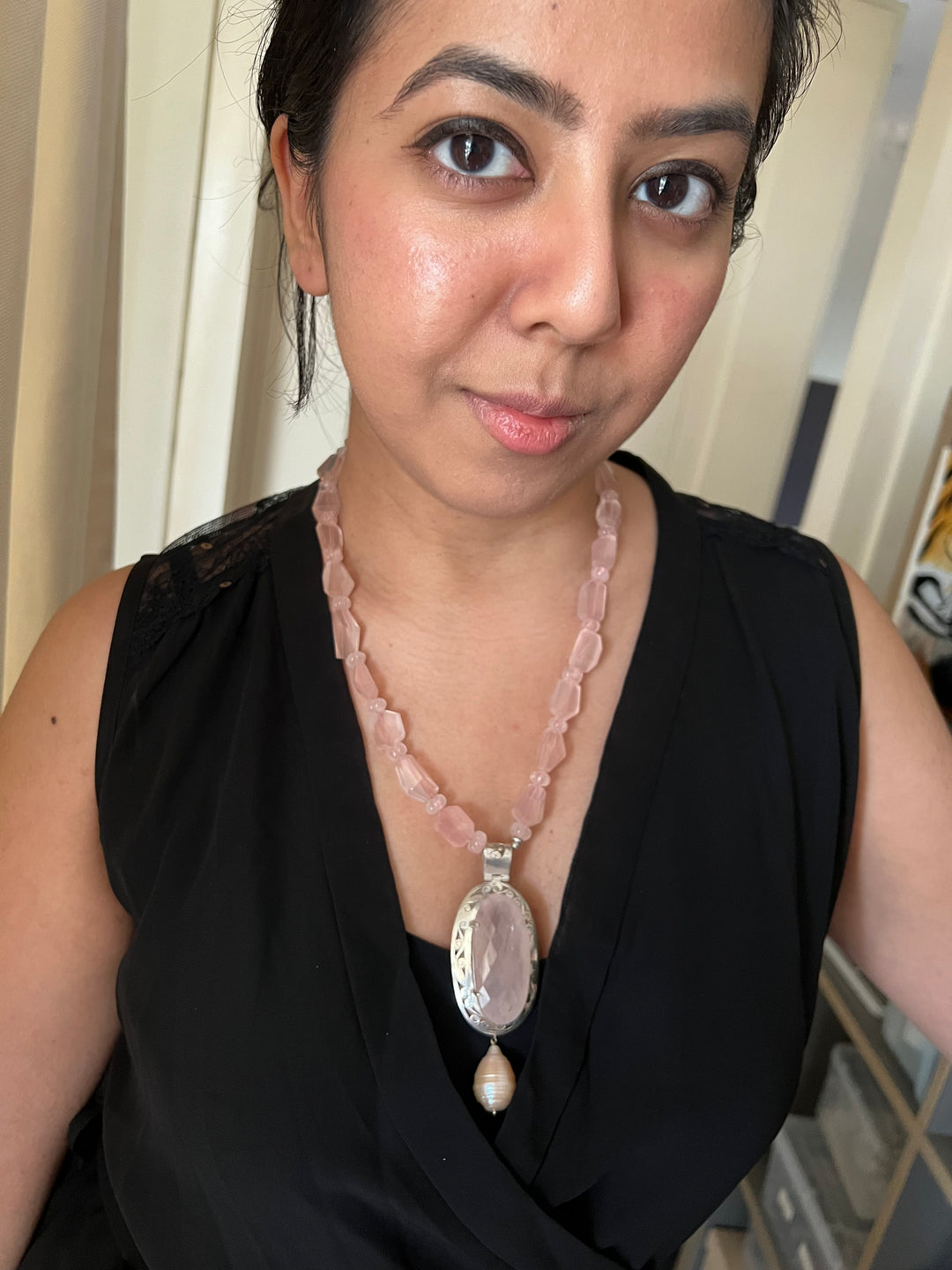 Natural Rose Quartz 925 Silver Necklace with Pearl Hanging | SHIVKA | Elegant Royal Party Jewelry