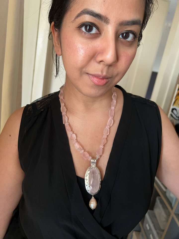 Natural Rose Quartz 925 Silver Necklace with Pearl Hanging | SHIVKA | Elegant Royal Party Jewelry