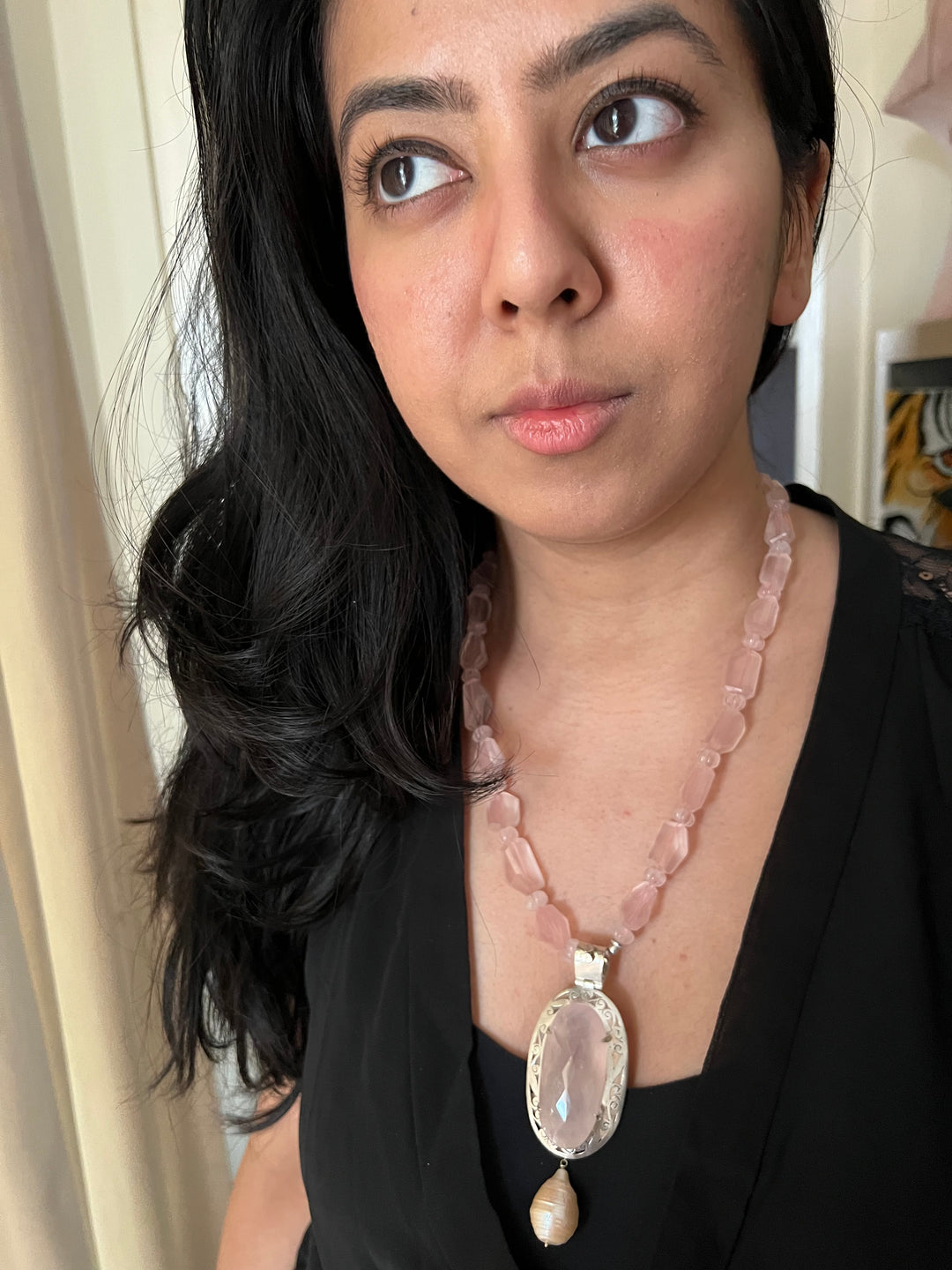 Natural Rose Quartz 925 Silver Necklace with Pearl Hanging | SHIVKA | Elegant Royal Party Jewelry