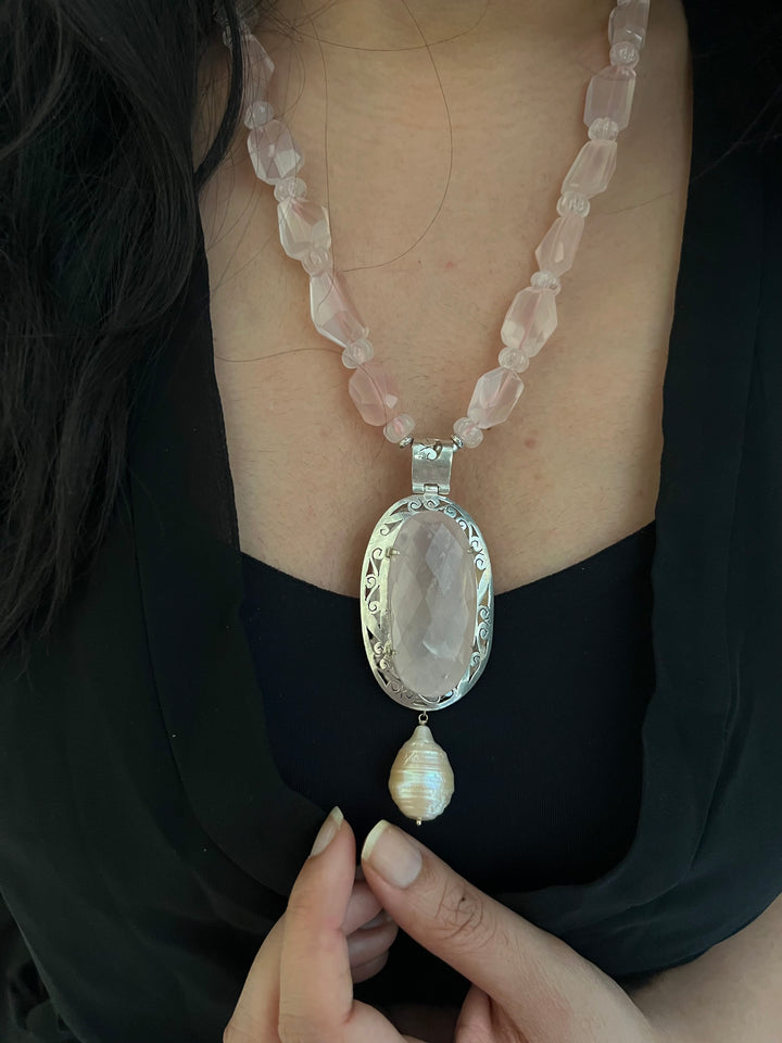 Natural Rose Quartz 925 Silver Necklace with Pearl Hanging | SHIVKA | Elegant Royal Party Jewelry
