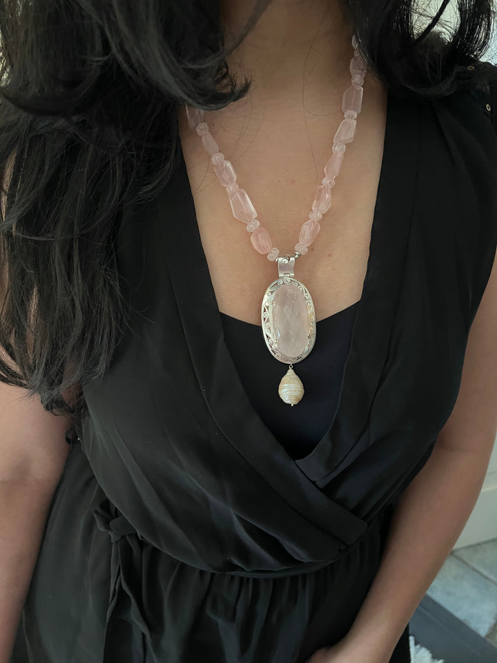Natural Rose Quartz 925 Silver Necklace with Pearl Hanging | SHIVKA | Elegant Royal Party Jewelry