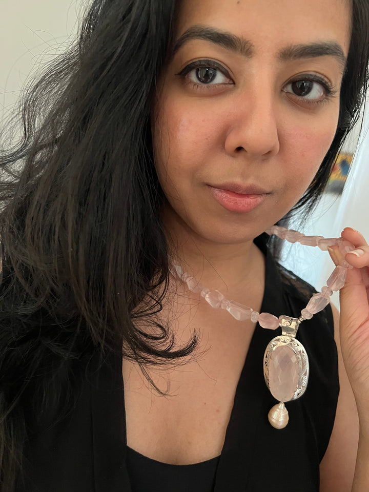 Natural Rose Quartz 925 Silver Necklace with Pearl Hanging | SHIVKA | Elegant Royal Party Jewelry