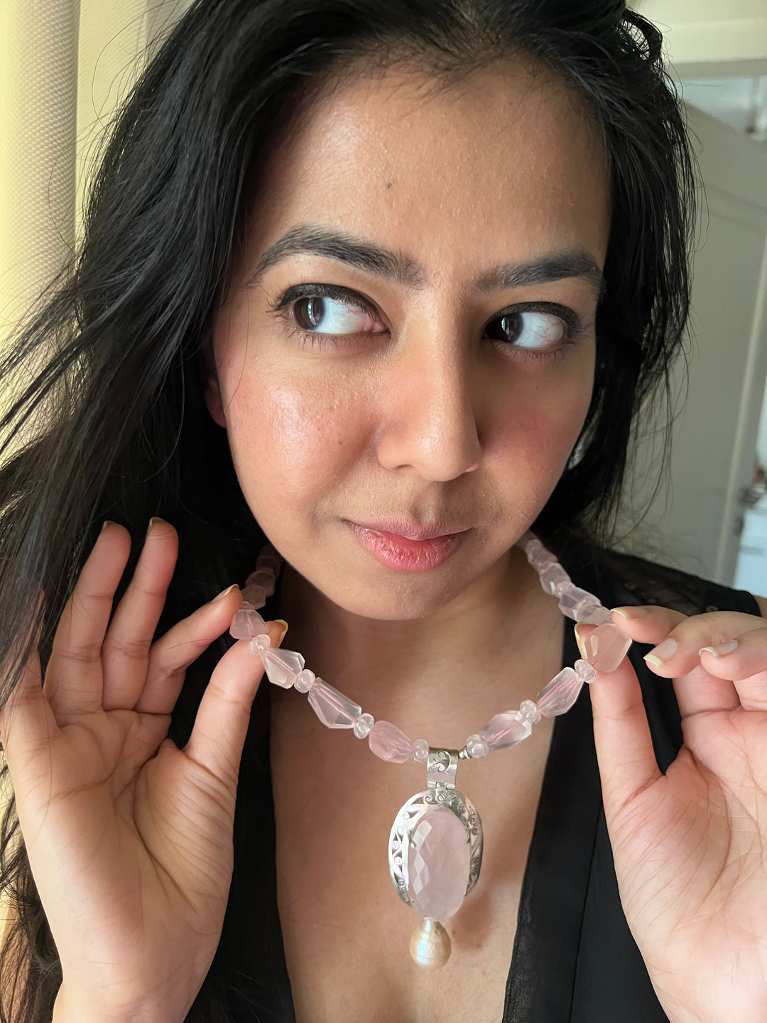 Natural Rose Quartz 925 Silver Necklace with Pearl Hanging | SHIVKA | Elegant Royal Party Jewelry