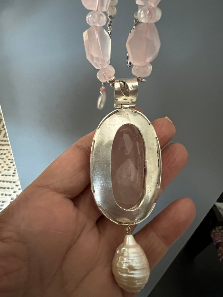 Natural Rose Quartz 925 Silver Necklace with Pearl Hanging | SHIVKA | Elegant Royal Party Jewelry