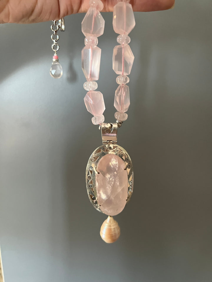 Natural Rose Quartz 925 Silver Necklace with Pearl Hanging | SHIVKA | Elegant Royal Party Jewelry