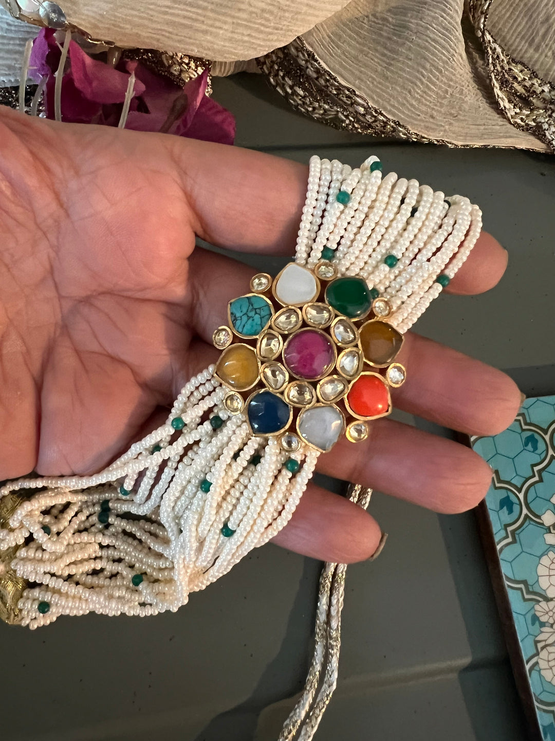 Navratna Pearls Choker with Statement Studs