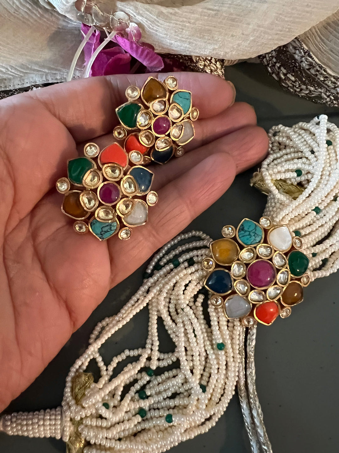 Navratna Pearls Choker with Statement Studs