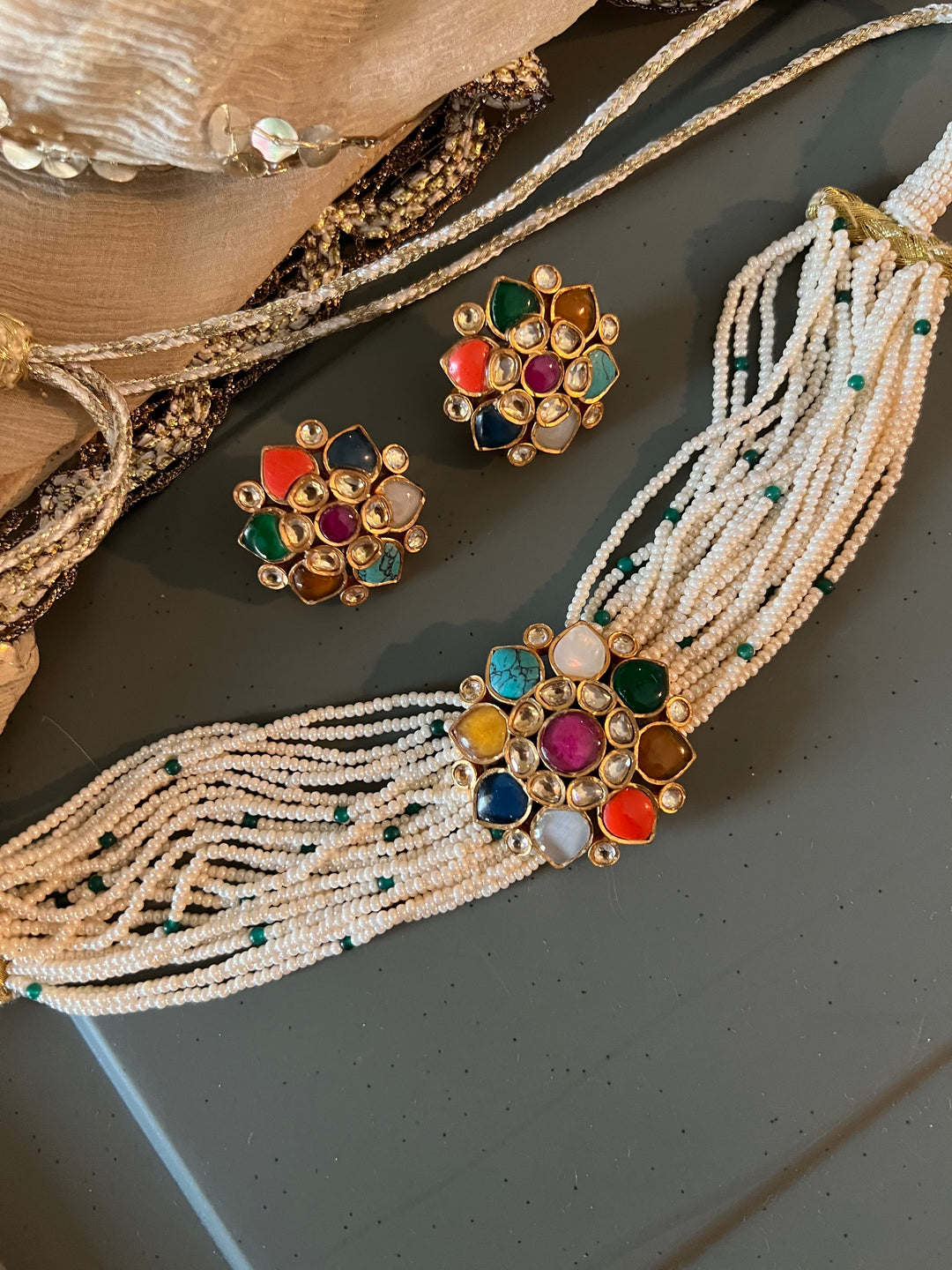 Navratna Pearls Choker with Statement Studs