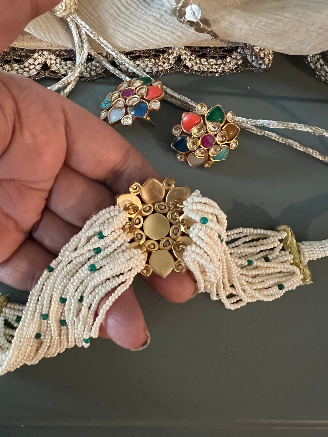 Navratna Pearls Choker with Statement Studs