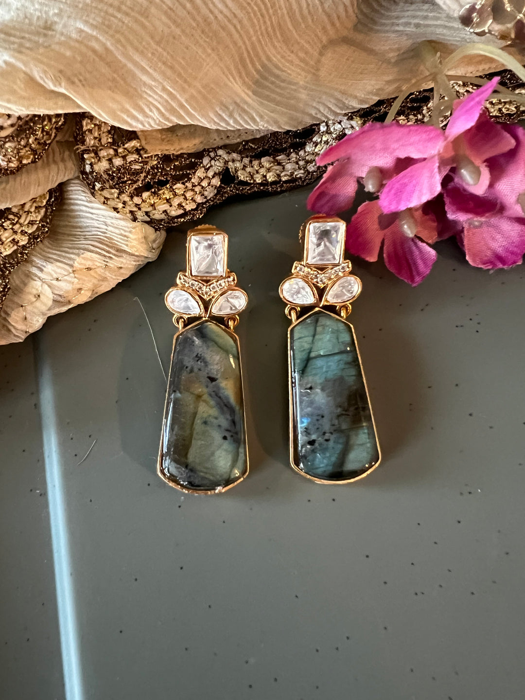 Labradorite and Polki Stone Earrings - Premium Quality, Exquisite Craftsmanship