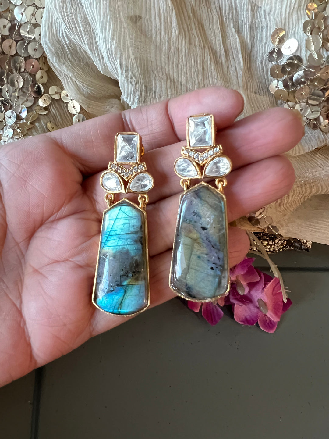 Labradorite and Polki Stone Earrings - Premium Quality, Exquisite Craftsmanship