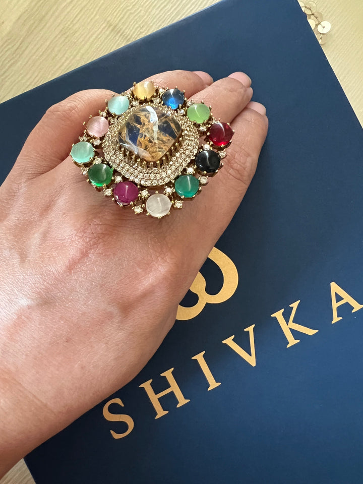 Exclusive Stone Navratan Ring – Premium Brass, 18g, Adjustable Antique Gold Finish