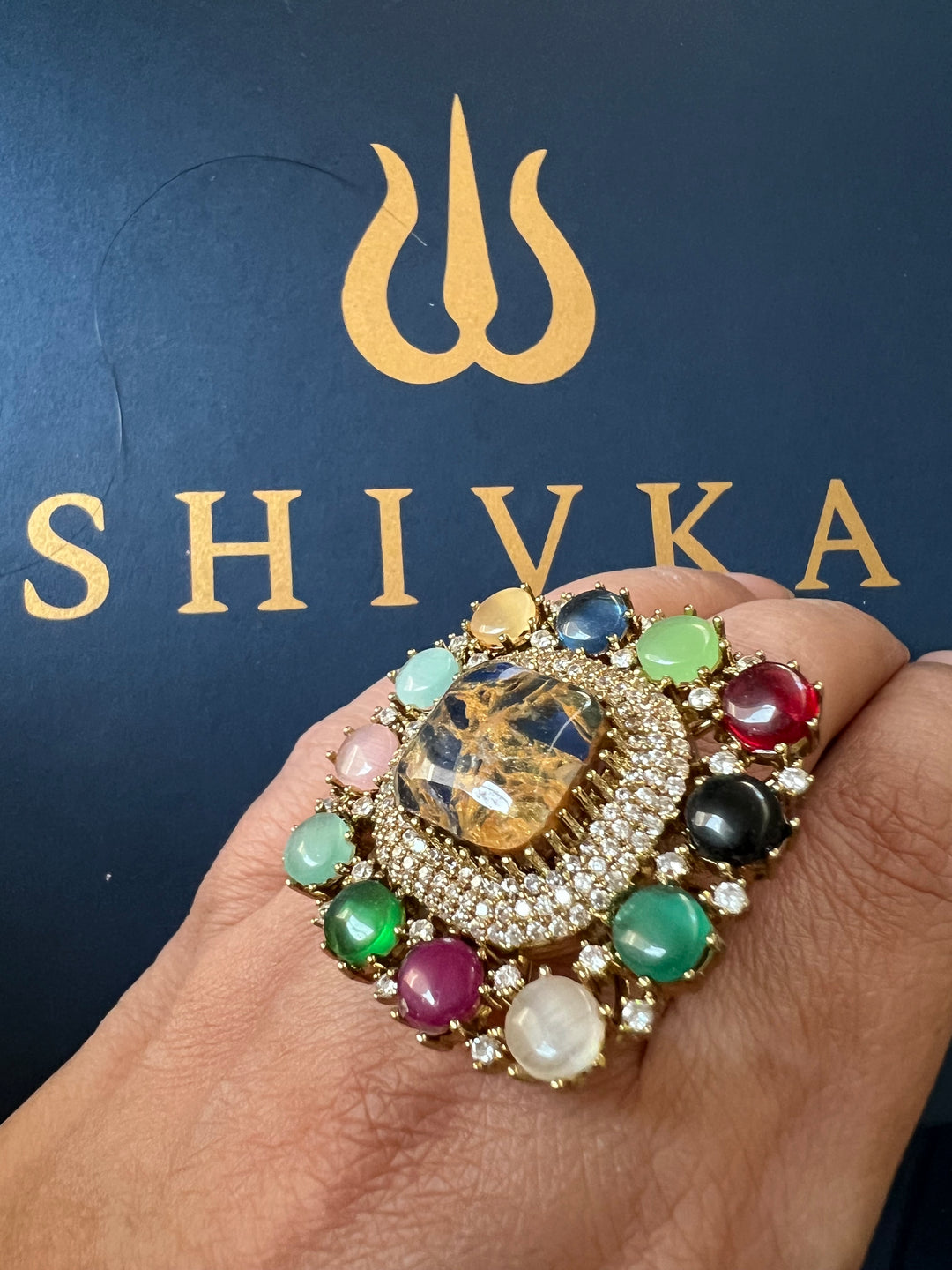 Exclusive Stone Navratan Ring – Premium Brass, 18g, Adjustable Antique Gold Finish