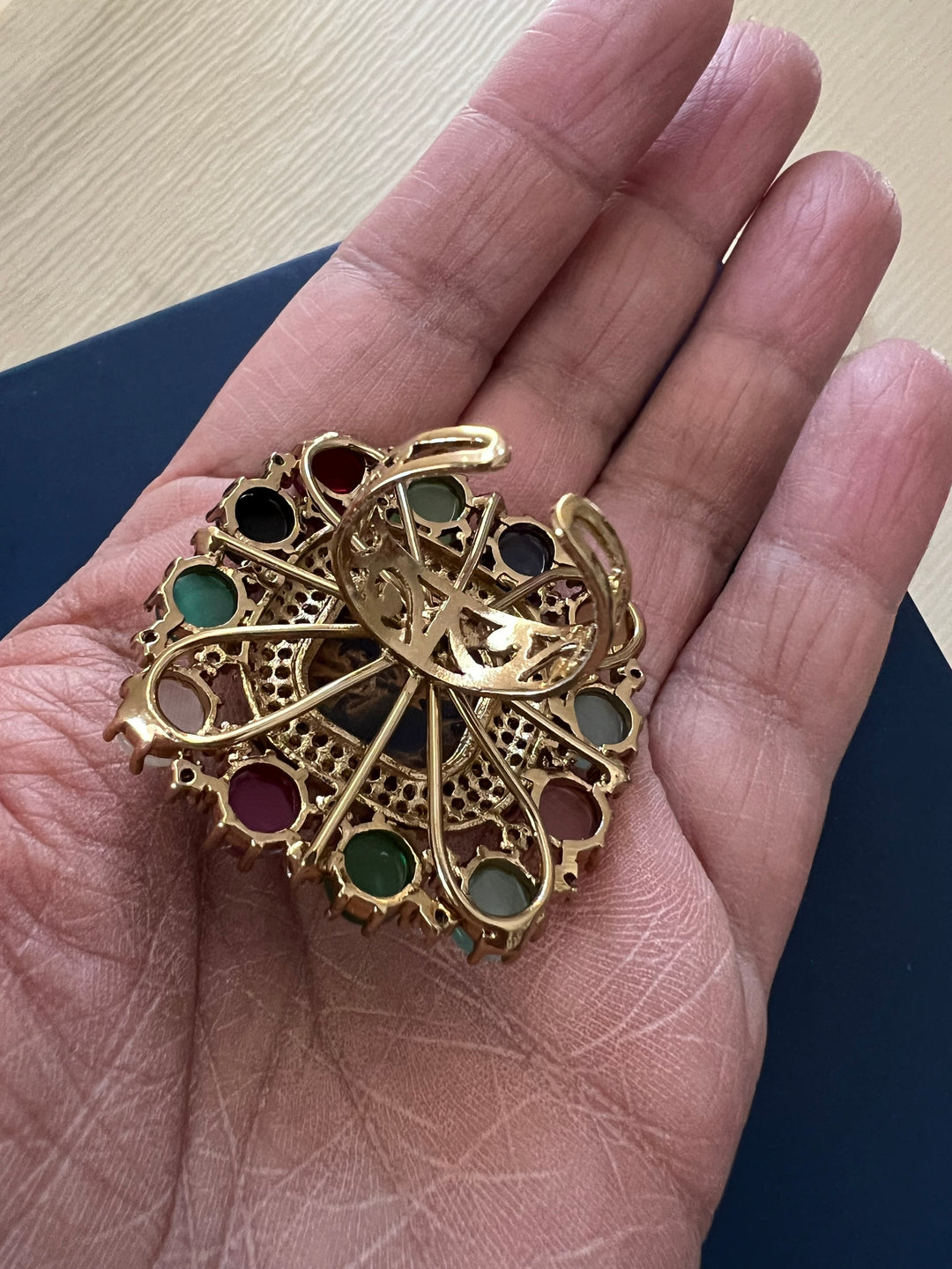 Exclusive Stone Navratan Ring – Premium Brass, 18g, Adjustable Antique Gold Finish