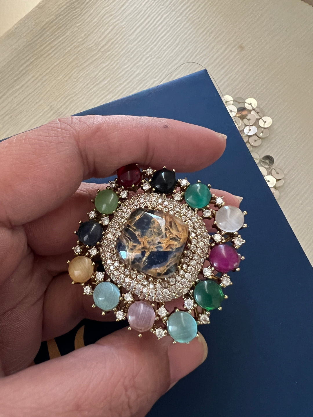 Exclusive Stone Navratan Ring – Premium Brass, 18g, Adjustable Antique Gold Finish