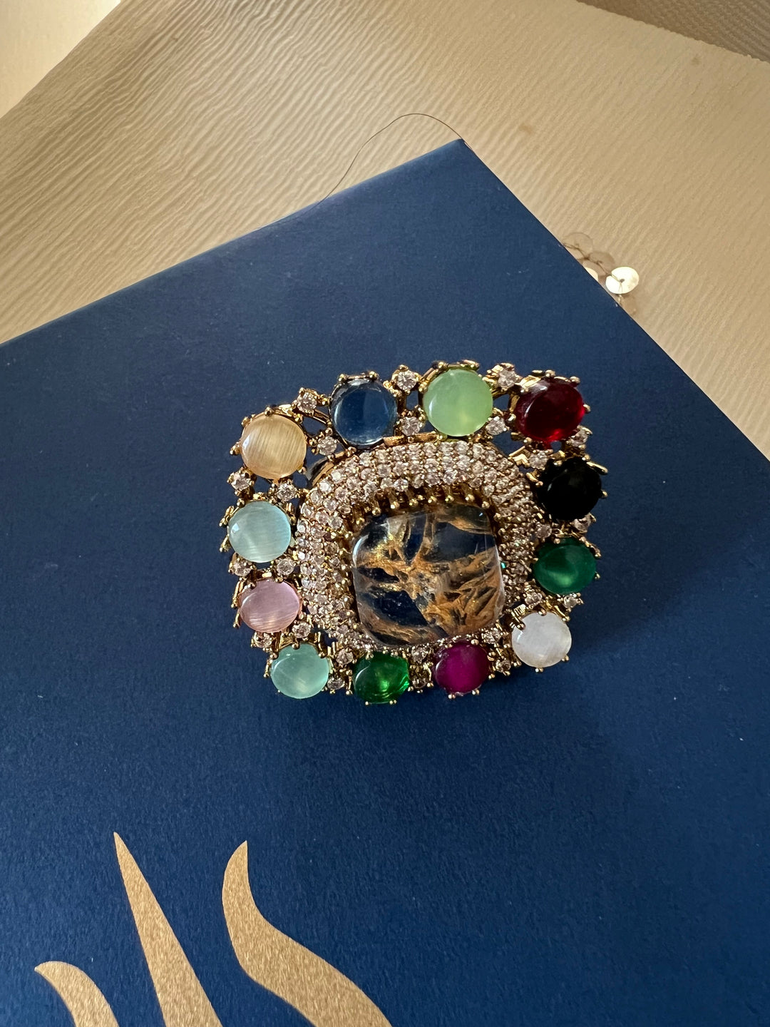 Exclusive Stone Navratan Ring – Premium Brass, 18g, Adjustable Antique Gold Finish