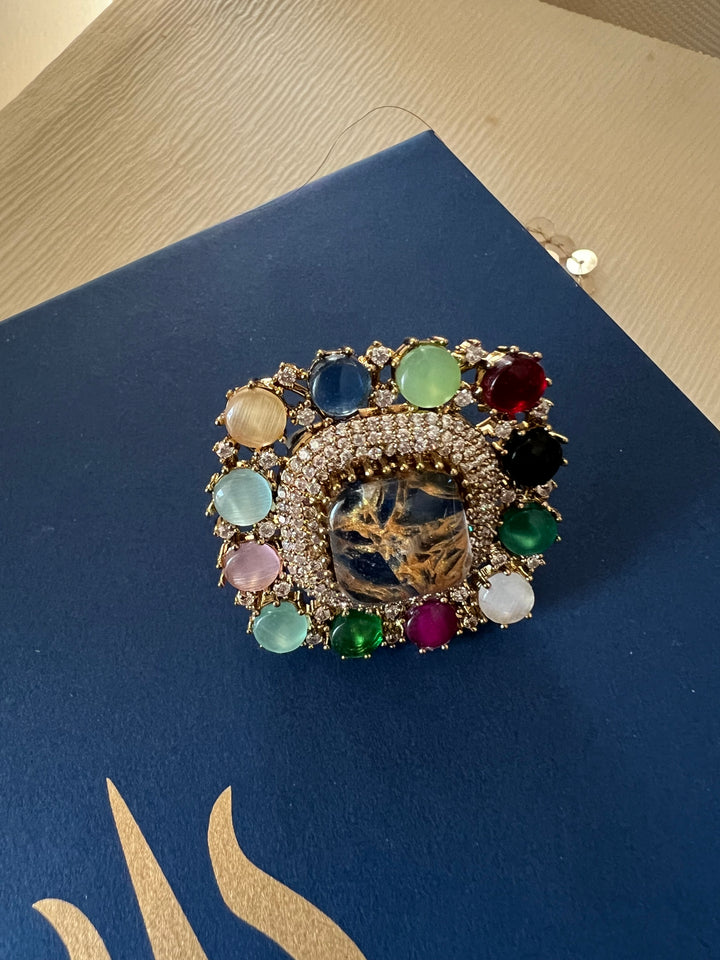 Exclusive Stone Navratan Ring – Premium Brass, 18g, Adjustable Antique Gold Finish