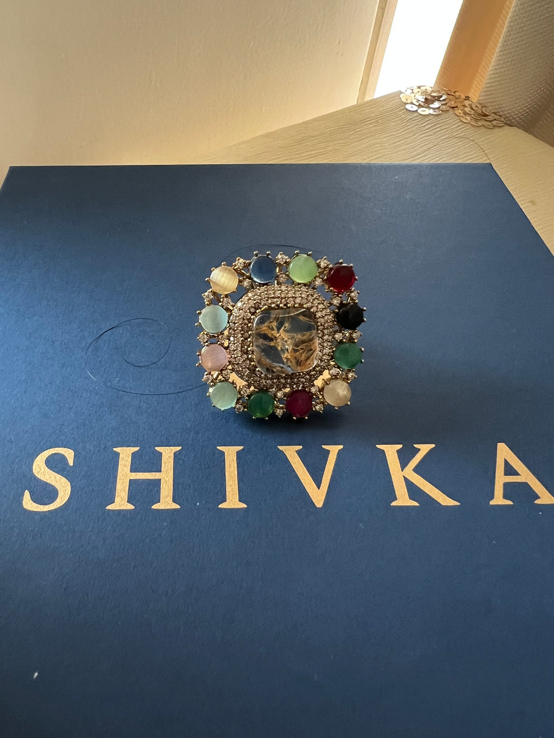 Exclusive Stone Navratan Ring – Premium Brass, 18g, Adjustable Antique Gold Finish