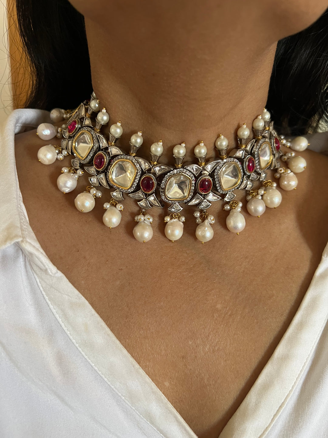 Victorian Stone Choker with Statement Earrings and Maangtikka