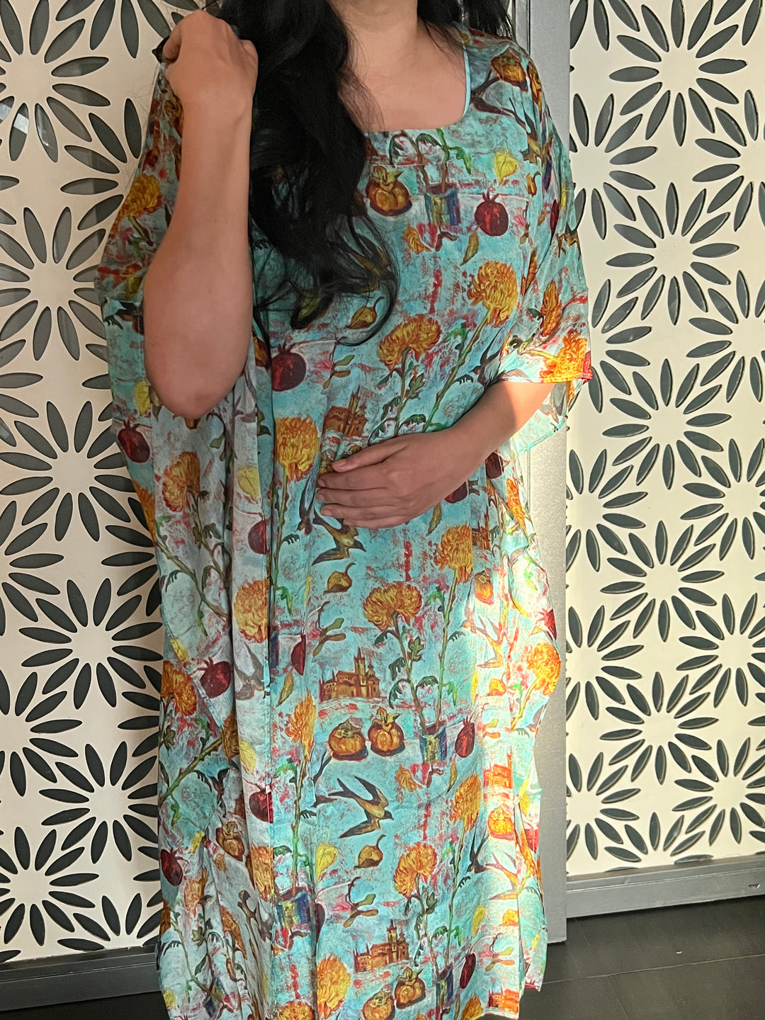 Elegant Chinon Crepe Kaftaan Dress for Resortwear