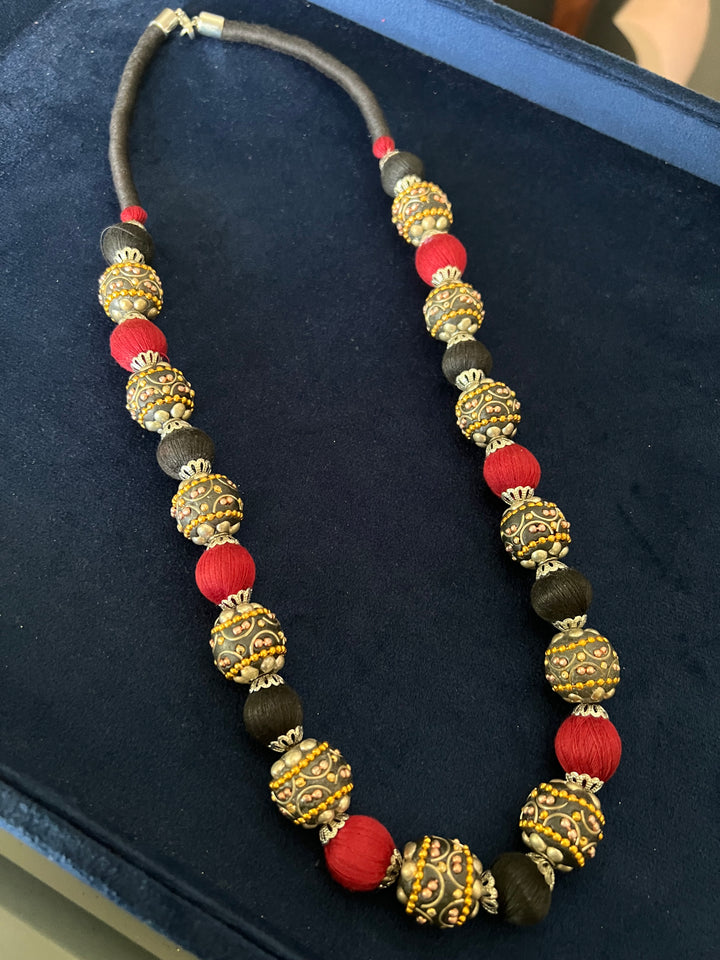 Handmade Brass and Thread Bead Statement Necklace for Stylish Casual Outings