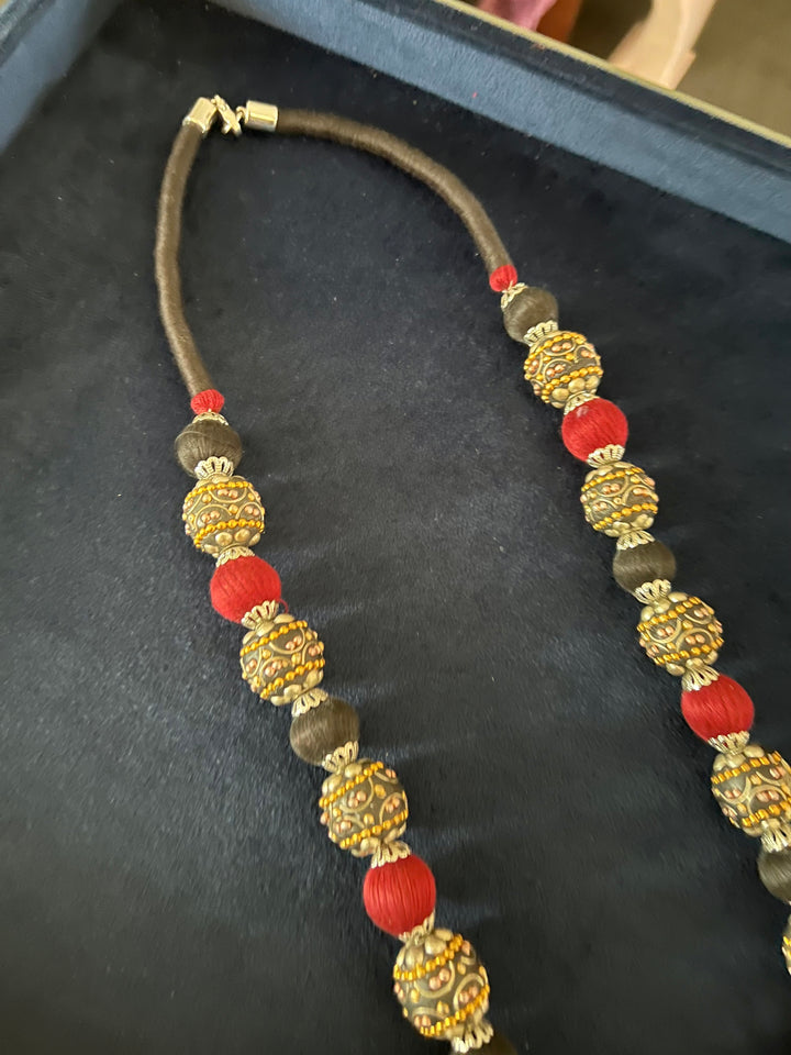 Handmade Brass and Thread Bead Statement Necklace for Stylish Casual Outings