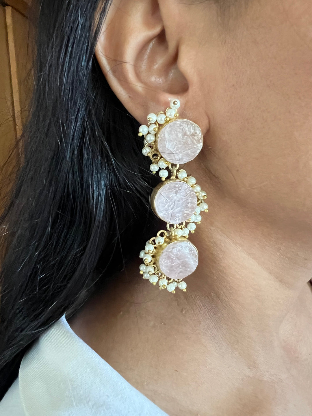 Rose Quartz Three Tier Earrings