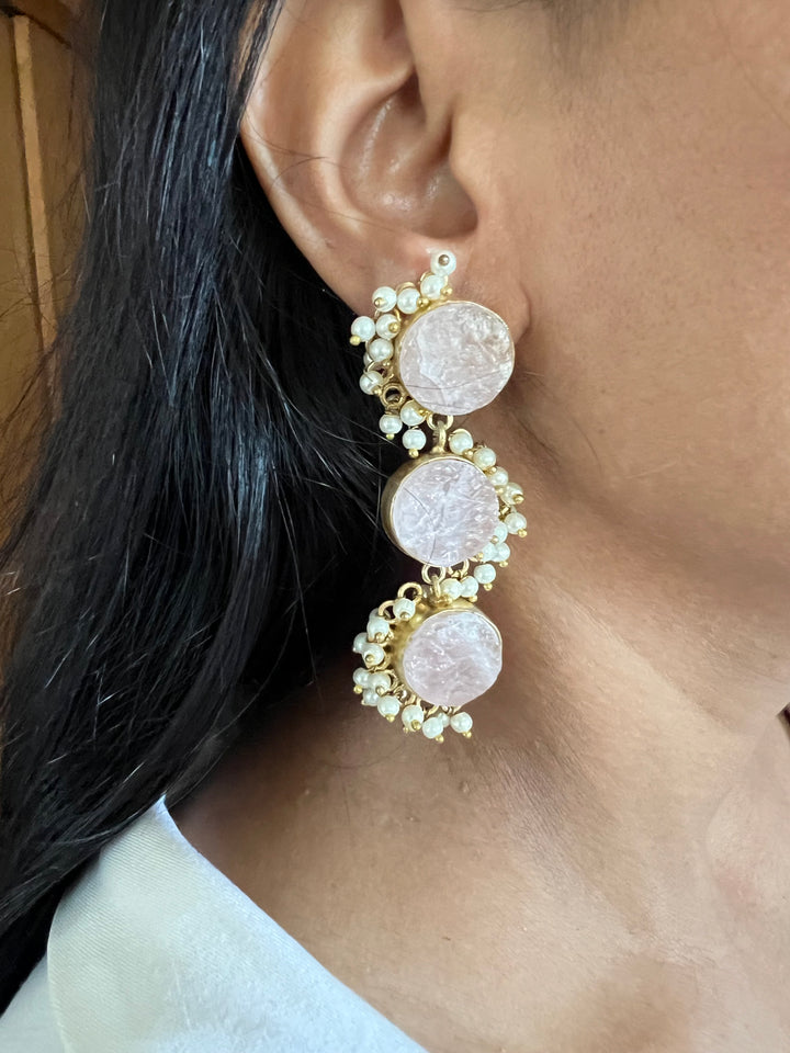 Rose Quartz Three Tier Earrings