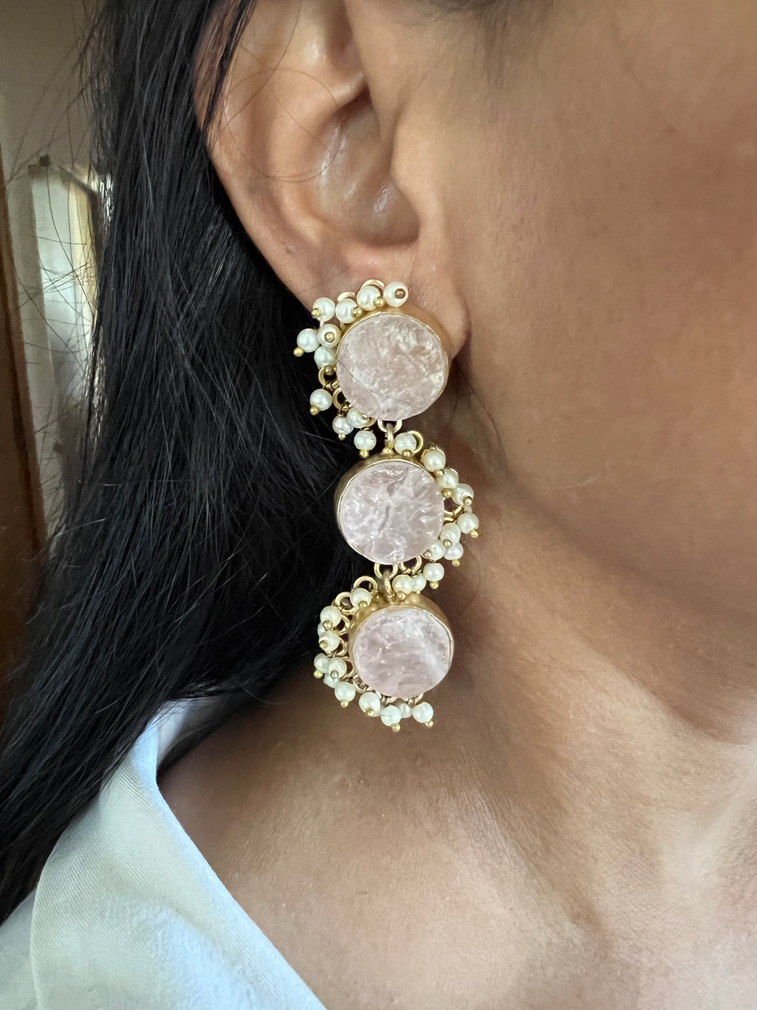 Rose Quartz Three Tier Earrings