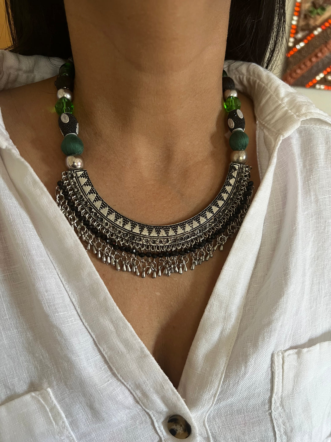 Handmade Brass and Thread Bead Tasseled Hasli Necklace for a Tribal Chic Vibe